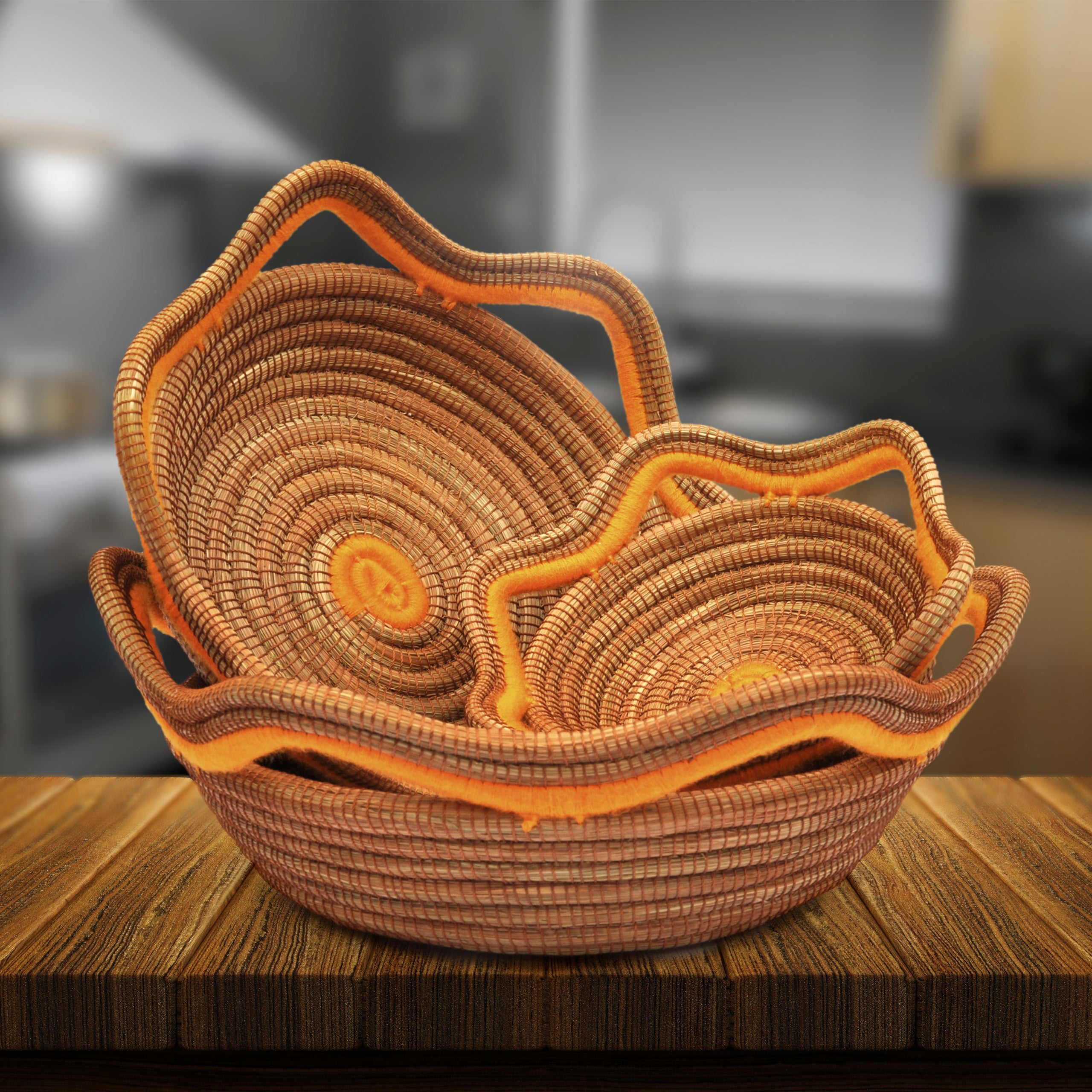 Circular Pine Needle Basket with Waves (Set of 3)