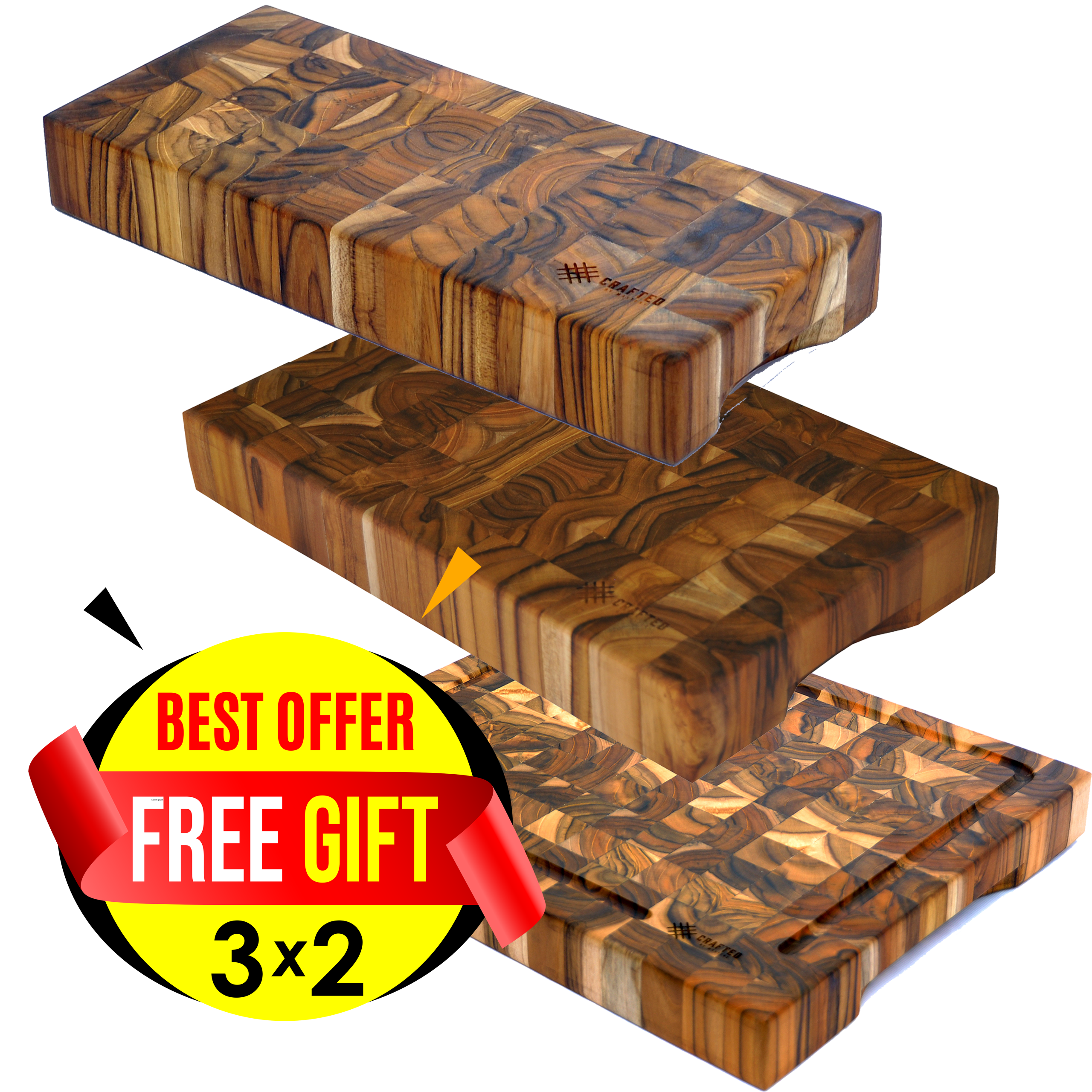 3x2 Superior End-Grain Teak Cutting Board Set - Free Small Board